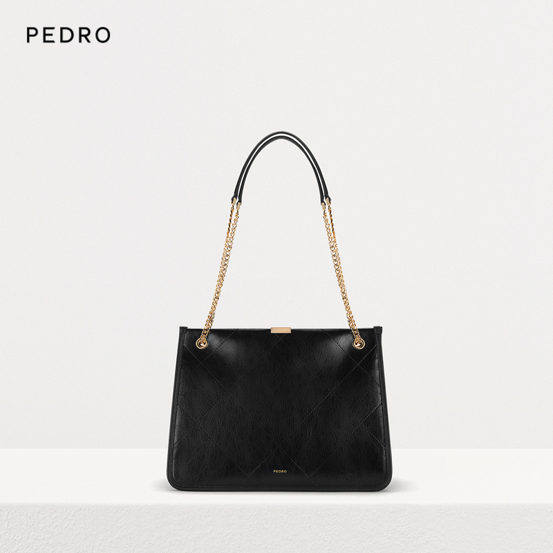 Pedro包包轻奢牛皮格纹大容量链条腋下包手提包包包女包PW2-46610006黑色 L