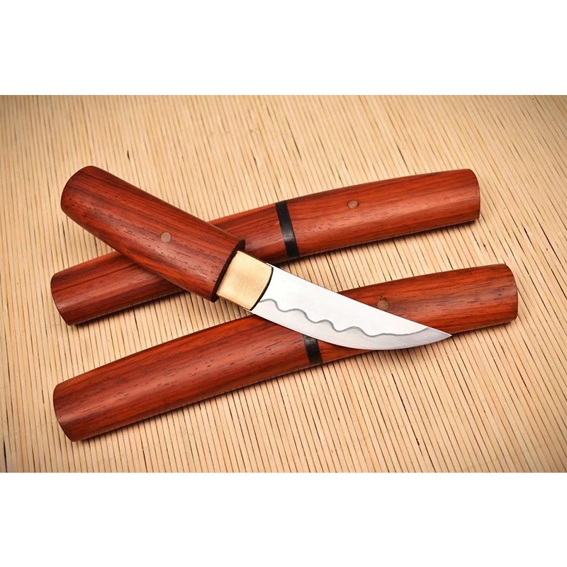 雨轩户外 金粒子短刀折叠钢锻造户外直刀手工研磨配纯铜刀俎红木刀鞘