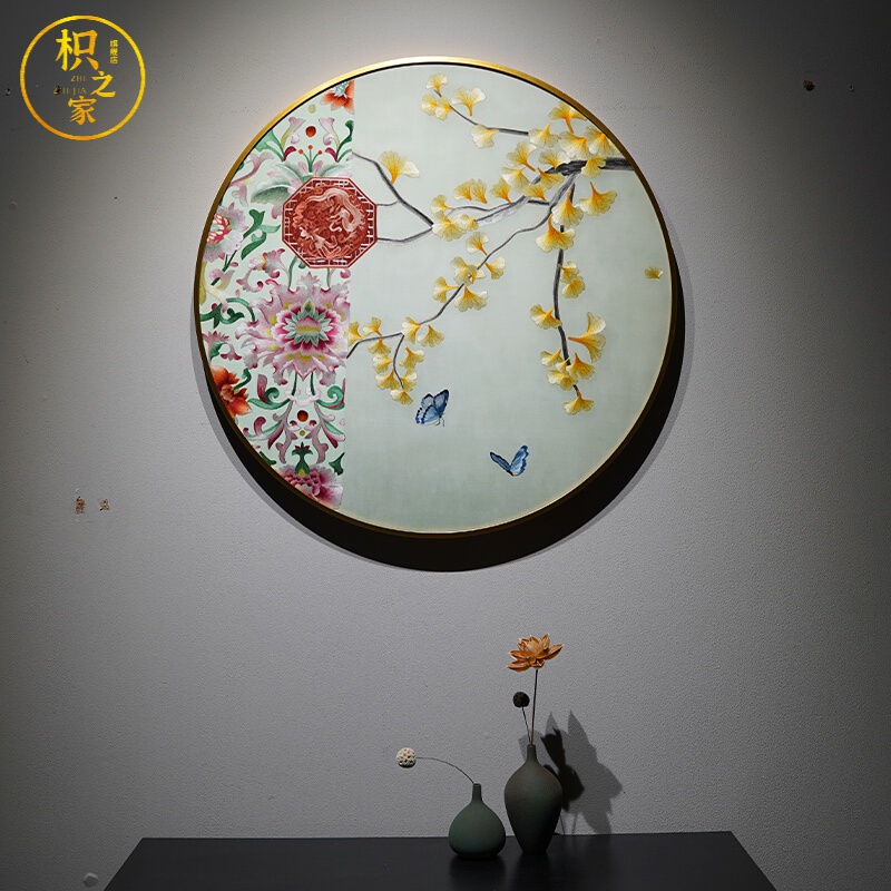 背景墙办公室字画客厅装饰画饭厅挂画玄关沙发刺绣入户玄幻圆形新中式