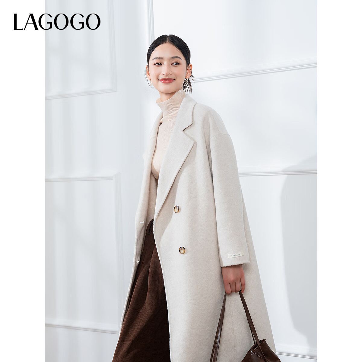 LAGOGO含绵羊毛气质双面呢大衣女拉谷谷2024年冬季新款中长款外套 米白色 M