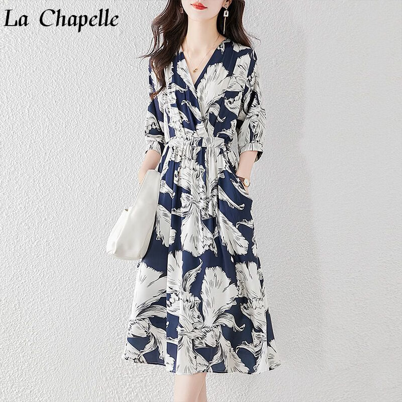 拉夏贝尔（La Chapelle）女装 连衣裙2023新款女时尚显瘦V领优雅印花气质中长裙收腰简约裙 藏青色 XL