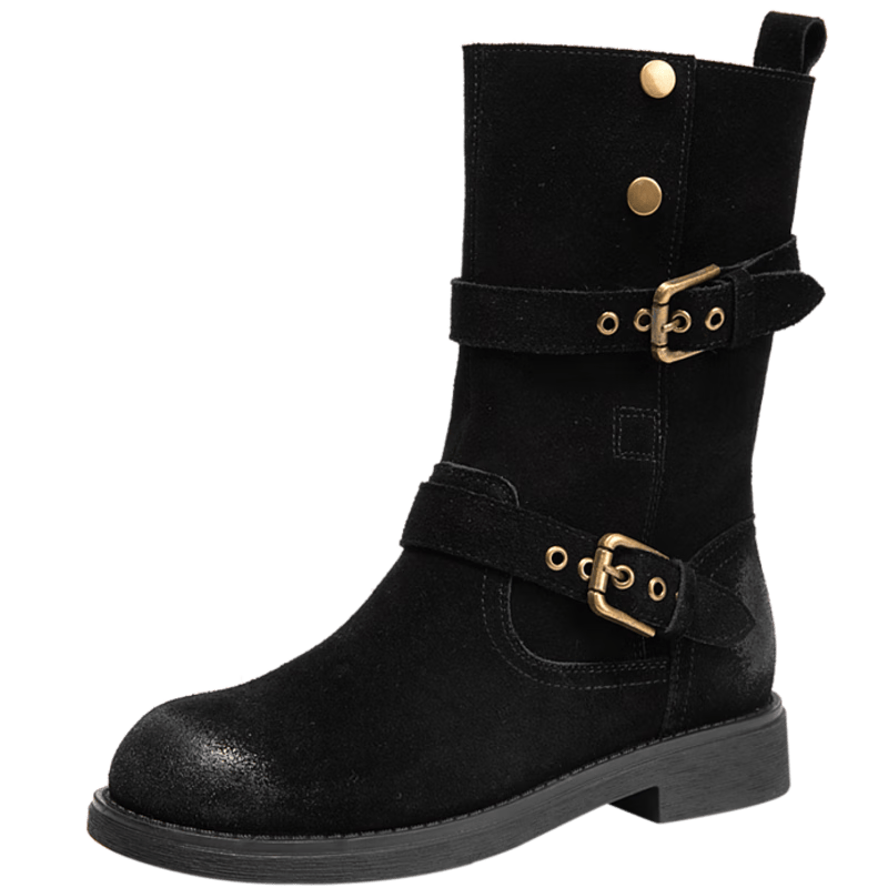 千百度低跟西部牛仔靴女款冬季新款戶外騎士靴中筒靴 黑色 35