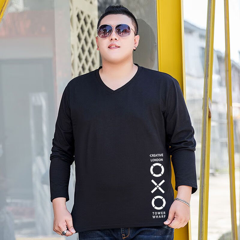 wait await220斤鸡心领v领长1袖t恤男春秋款大码加肥加大装潮胖子青年