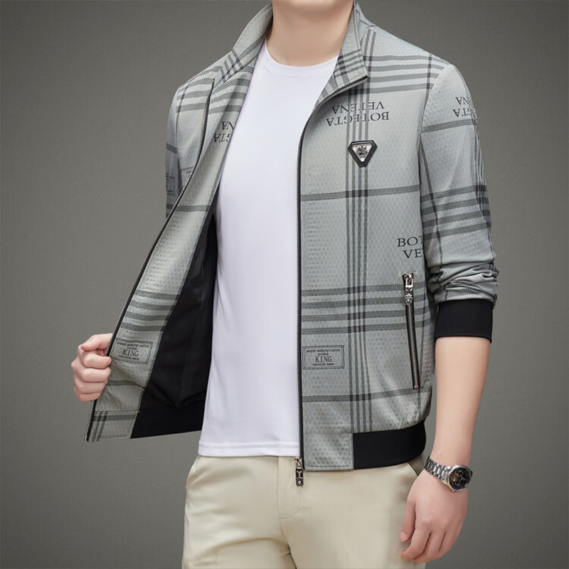 丘尼卡潮流夹克男士春秋季薄款格子休闲男装春装上衣外套 灰色 m/48