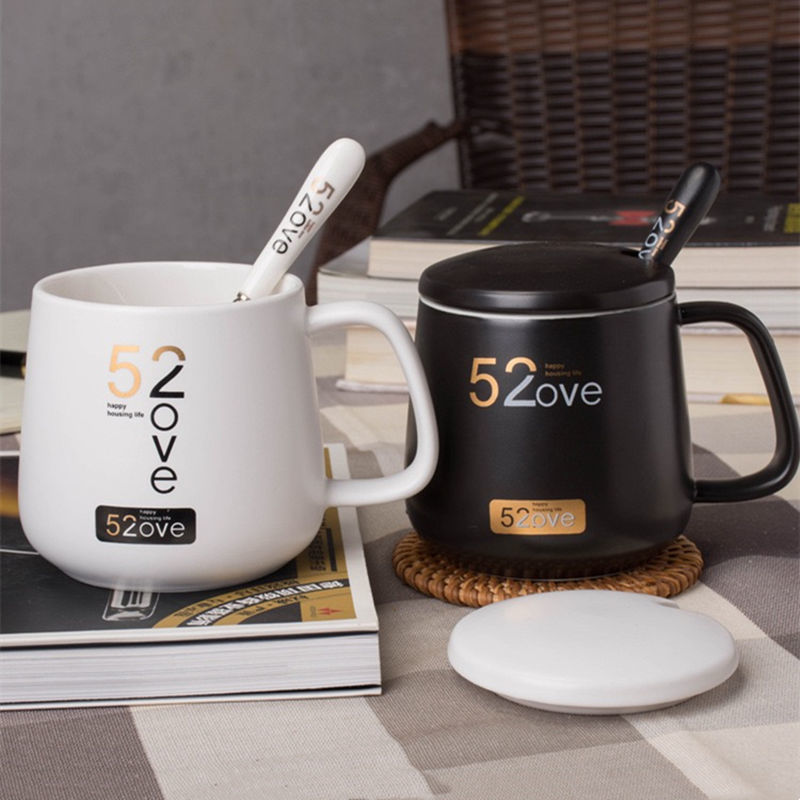 詠幻馬克杯情侶陶瓷杯情人款 陶瓷杯子喝水杯個性馬克杯帶蓋勺情侶咖 恒溫杯520白+黑一對 杯+蓋+勺(贈送杯墊)