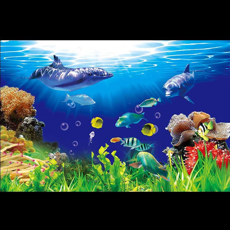 漾夢江魚缸背景貼紙高清圖3D立體背景畫水族箱壁紙海底世界造景自粘畫 兩只海豚-藍(lán) 100x0x70cm