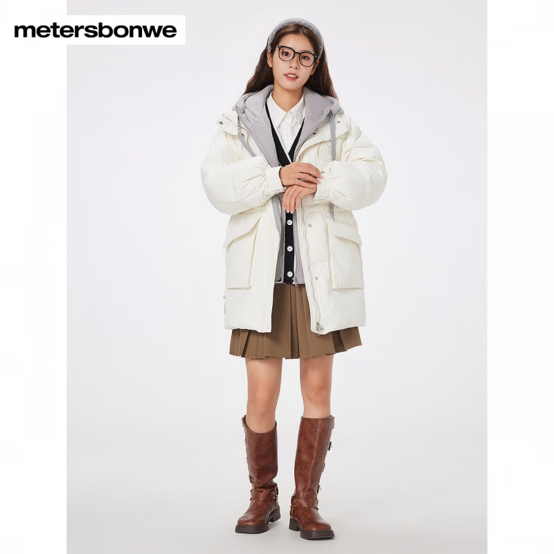 美特斯邦威羽绒服女冬季新款拼接潮流百搭中长假两件保暖外套 影黑 L 165 88A