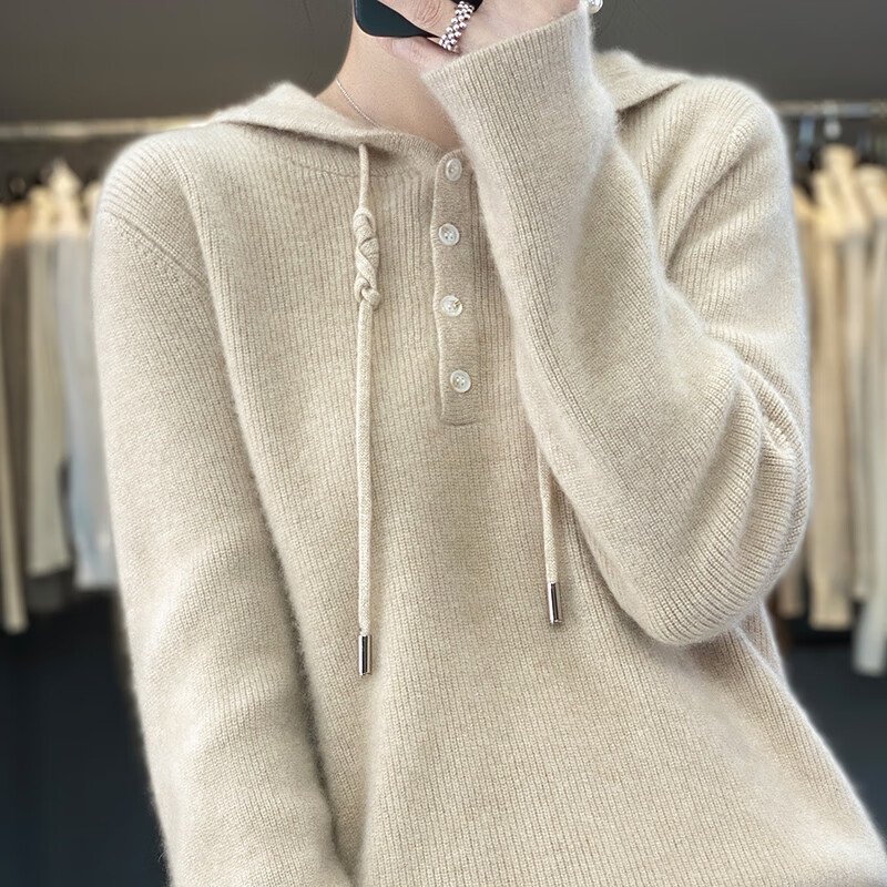 莫斯新款韩版休闲慵懒连帽针织厚款套头100%纯羊毛衫毛衣女 浅驼色 l
