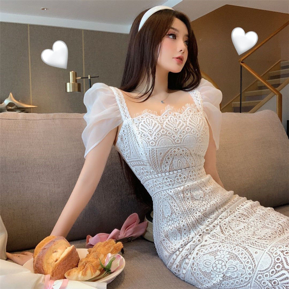 尹振天新款泡泡袖抹胸高腰蕾丝修身中长裙连衣裙 白色 s