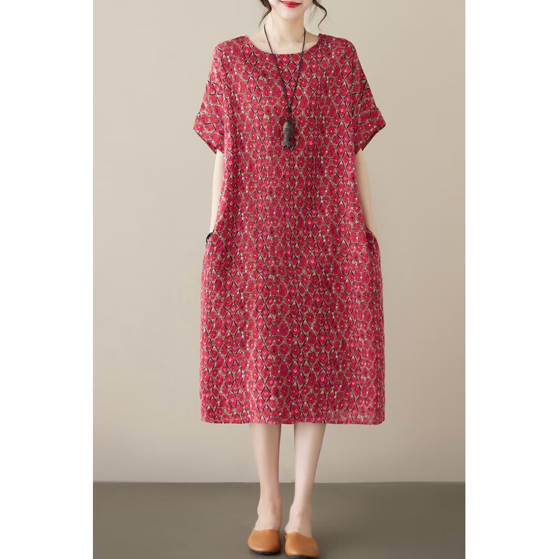 简当（JIANDANG）大码女装夏季胖mm复古红色文艺宽松显瘦休闲圆领连衣裙5898 红色小铜钱 均码 【130-185斤】