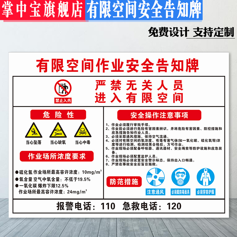 鹿色有限空间作业安全告知牌 受限空间操作管理制度安全警示标识警示