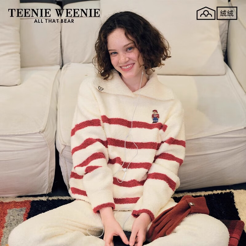 Teenie Weenie小熊半边绒睡衣女款秋冬季加绒加厚保暖家居服套装 酒红色 均码