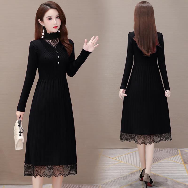 显瘦遮肚子套装连衣起球加绒毛衣连衣冬天打底保暖秋冬季 黑色品质】