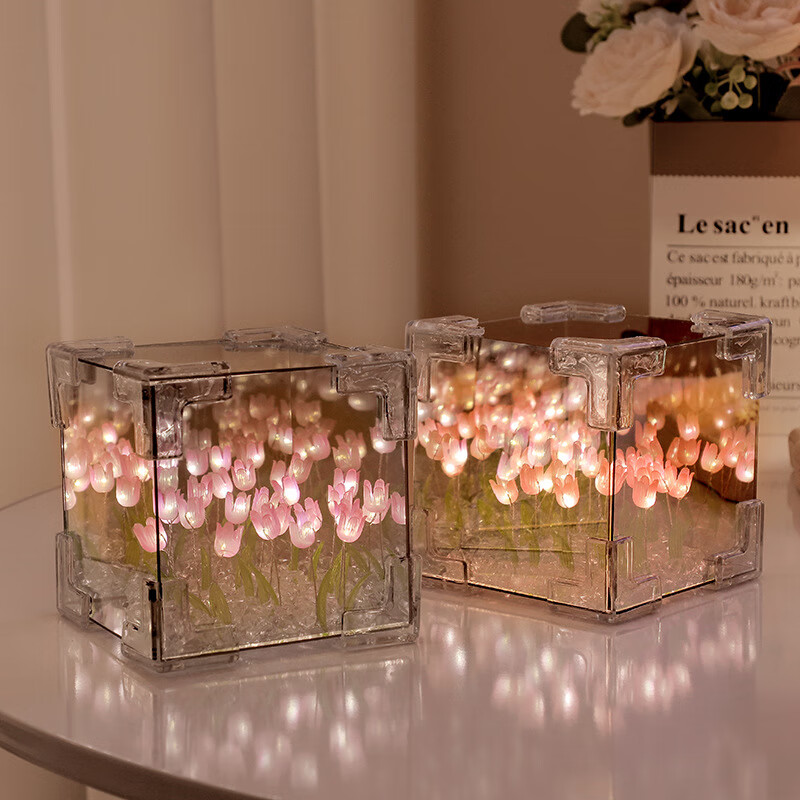 映棠郁金香花海小夜灯成品摆件生日礼物女生送闺蜜朋友同学实用走心 【成品】20朵粉色郁金香+礼袋