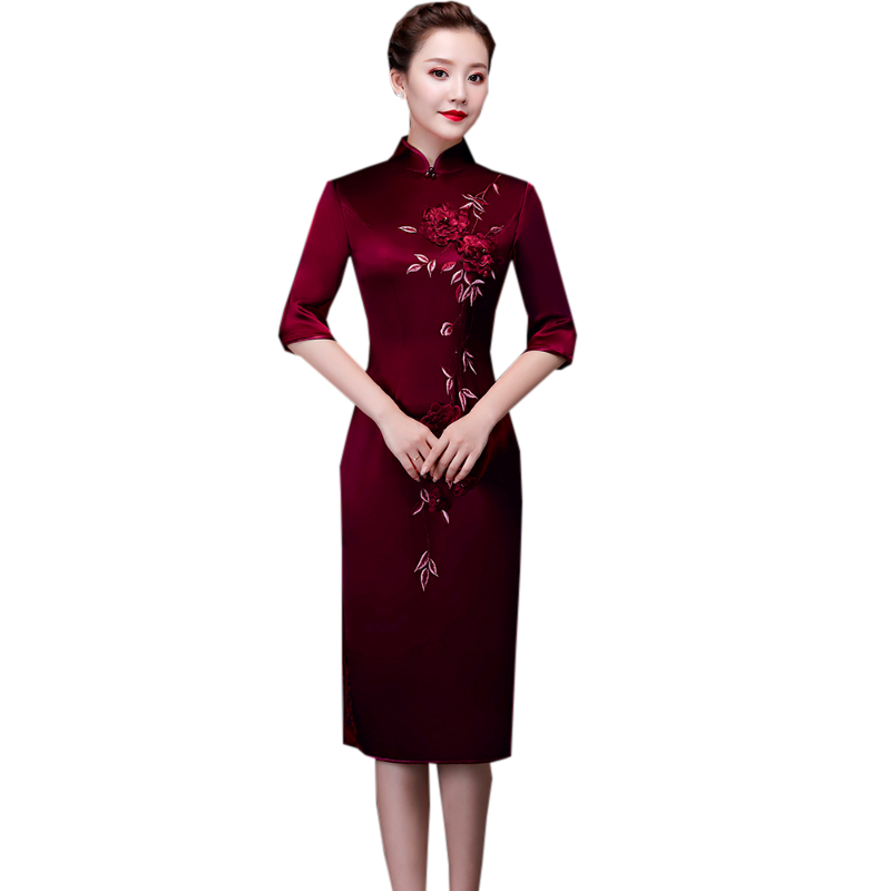 玫芙娜旗袍修身显瘦气质酒红色绣花旗袍中长款中国风喜婆婆婚宴时尚礼服 酒红色中袖 L属于什么档次？