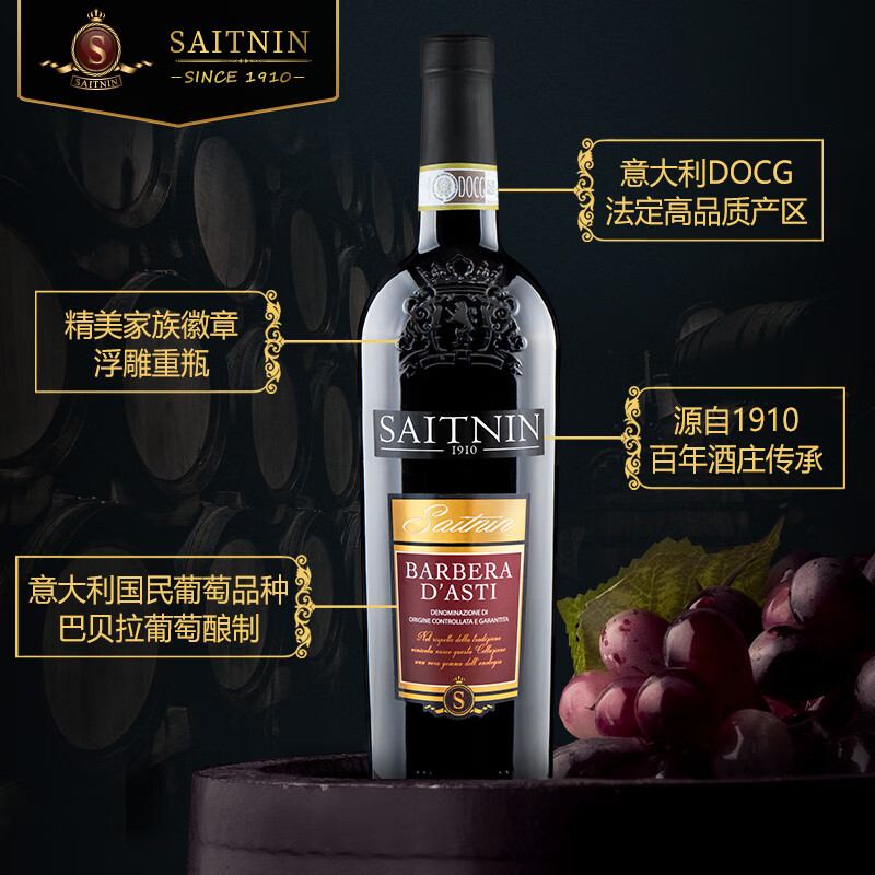 圣宁意大利原瓶原装进口 DOCG级 礼盒红酒 送礼访友 巴贝拉干红葡萄酒 双支礼盒装 配开瓶器