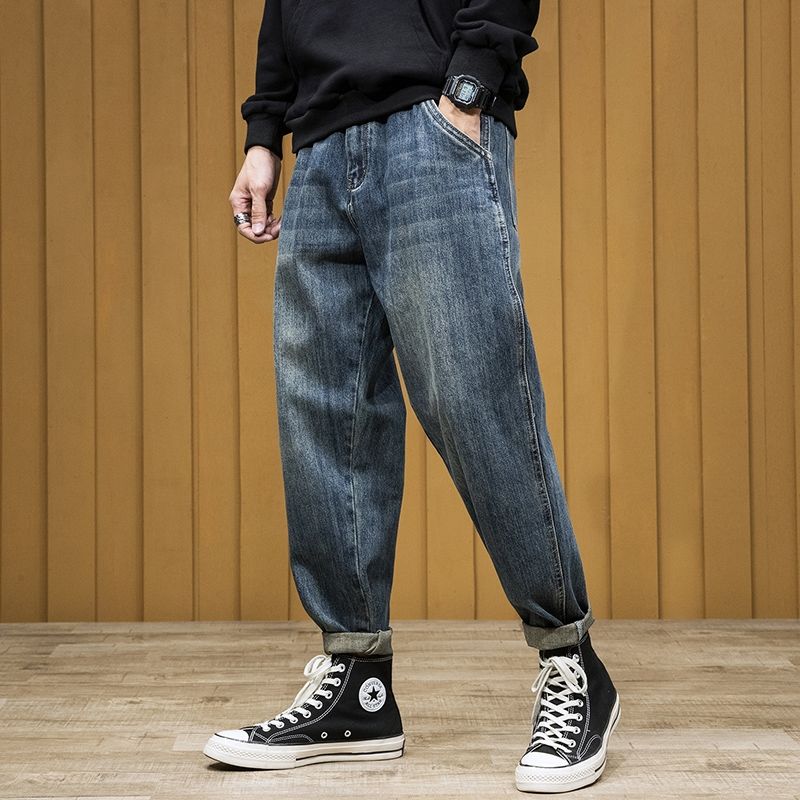 顿冉 八分裤男宽松工装裤高端复古宽松牛仔裤男士夏季潮牌加肥加大码