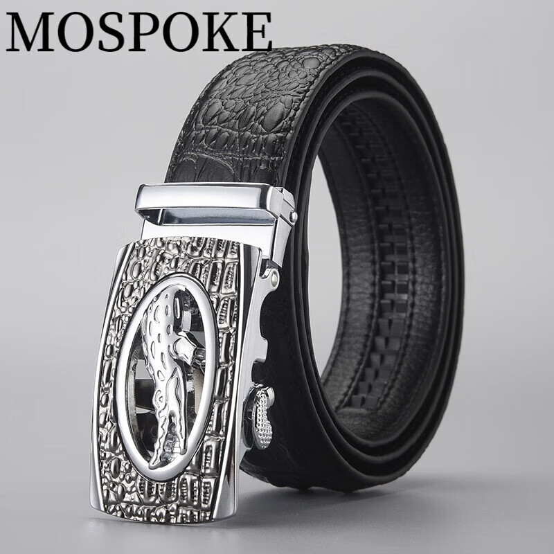 mospoke皮带男士新款欧美商务高端鳄鱼纹自动扣腰带logo压印 a款银扣
