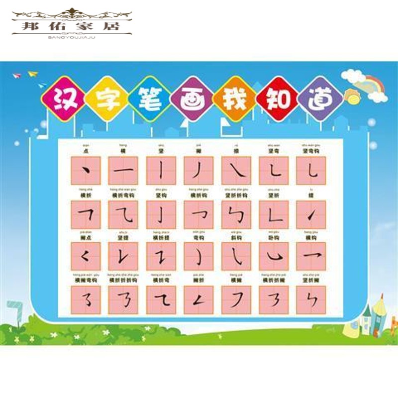 60 小学汉字基本知识挂图笔画书写偏旁部笔顺常用笔画名称顺序墙贴