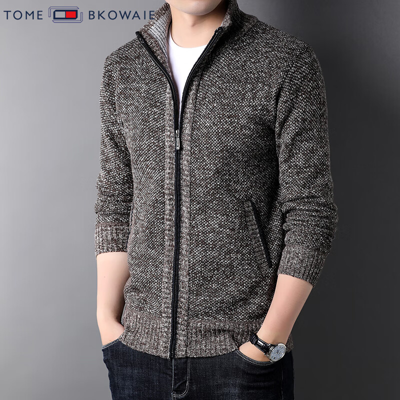 汤米芙兰可加绒加厚针织外套男2025年秋冬新款商务休闲保暖宽松毛衣开衫 驼色加绒 4XL （建议185-200斤）