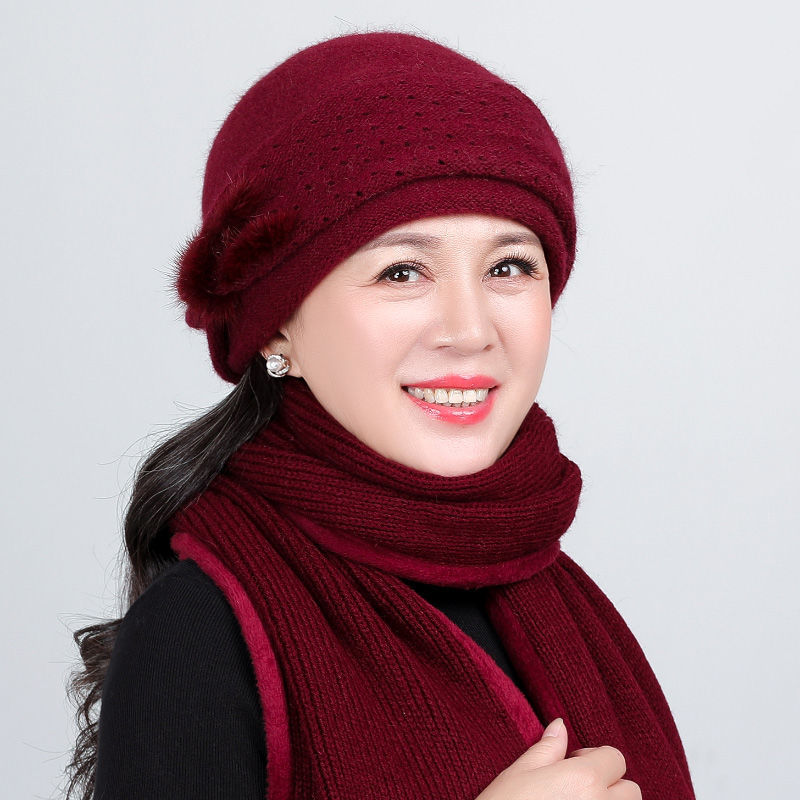 老太太戴的春季帽冬季中老年人帽子女奶奶仿兔毛线帽加绒厚妈妈针织帽