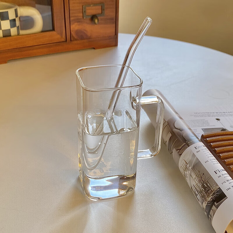 山头林村方形玻璃杯恒温带把手ins高颜值吸管水杯女平底可加热杯子