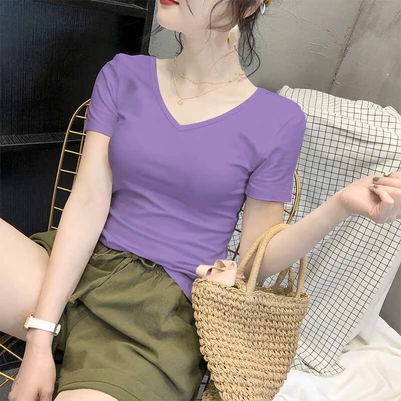 凯姿瑜牛仔裤搭配的紧身上衣女夏款棉质香芋紫色短袖t恤夏季v领修身