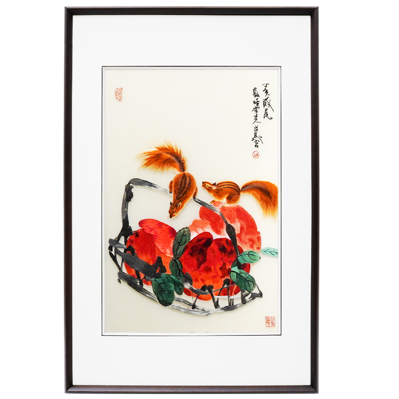 璟館 装饰画新中式现代新家乔迁礼果篮寿桃草莓葡萄刺绣祥水果三联幅