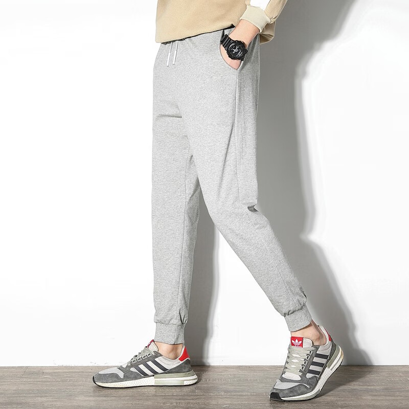 虎迹 运动裤男薄款夏季长裤直筒宽松大码棉质跑步锻炼收口卫裤休闲裤 灰色（收口9898款） M