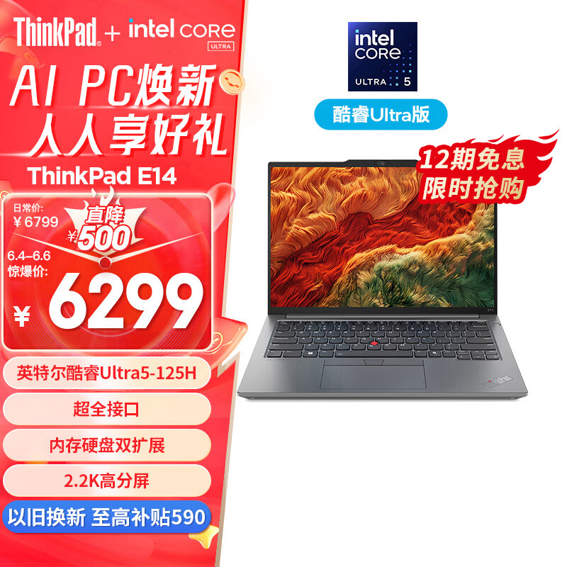 ThinkPad E14 2024 14英寸轻薄便携联想笔记本电脑酷睿Ultra5 125H  32G 1TB 2.2K 商务办公本 银色 AI PC