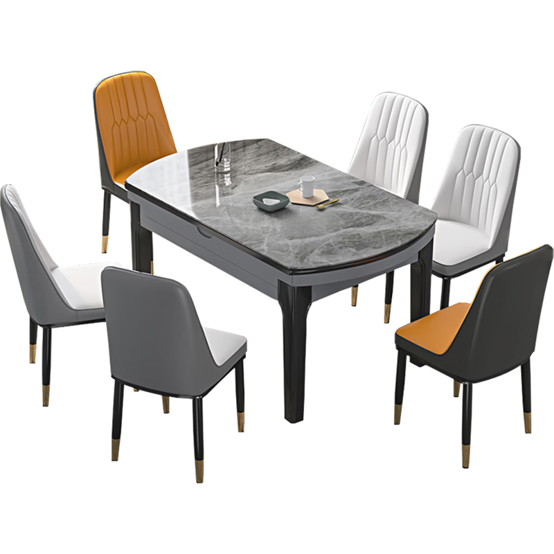 实木岩板餐桌椅伸缩折叠现代简约家用可变圆桌吃饭桌1.35米+6椅