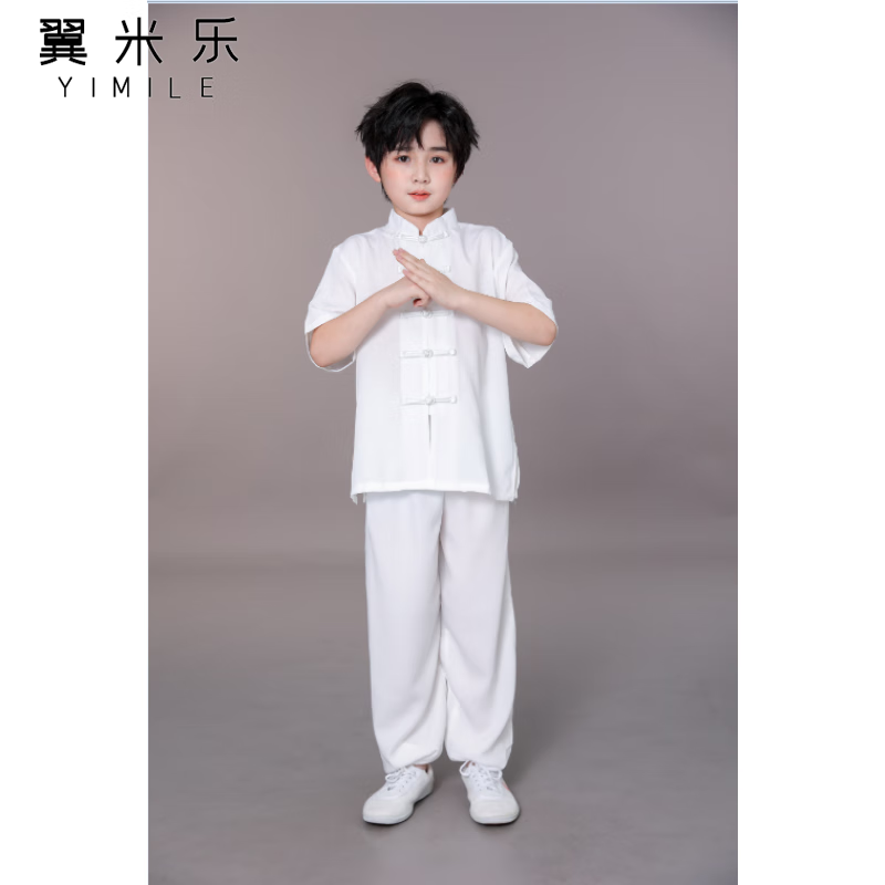 翼米樂兒童太極服長短袖男女童訓(xùn)練功服少兒夏季棉麻衣服學(xué)生武術(shù)表演服 白色短袖 140cm
