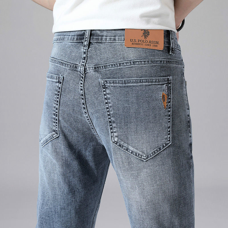保罗男装薄款商务牛仔裤男弹力磨白休闲牛仔男士直筒长裤 灰色 28