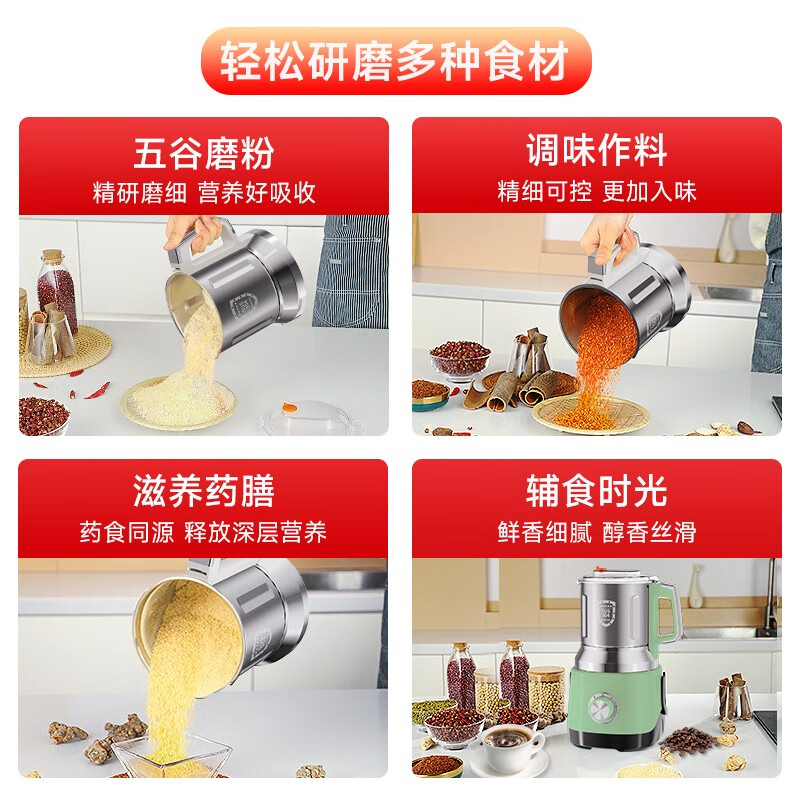 房公子 【干湿两用】磨粉机家用研磨机五谷杂粮超细打粉机多功能中药材粉碎机果汁奶昔碎冰机 【六叶加厚钢刀/浅绿色】1200克容量铜线加粗电机