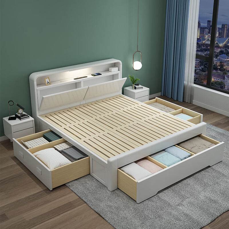 2米大床主卧两米双人床 主卧轻奢婚床软靠皮床白色加宽实木床2米x2米