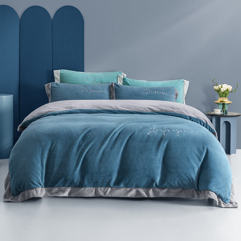 绒珊瑚绒床上四件套冬季双面法兰绒撸猫感被套床单床笠 神秘蓝配灰 1