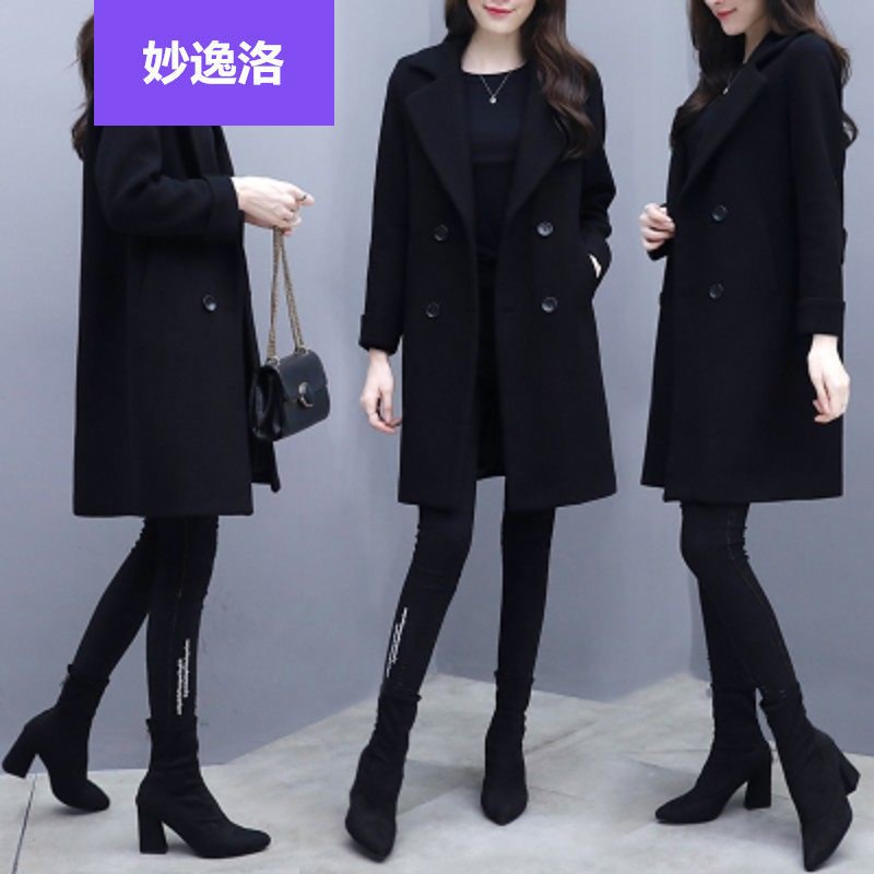 妙逸洛 冬季加厚赫本风口袋毛呢大衣女黑色显瘦中长款呢子大衣小个子