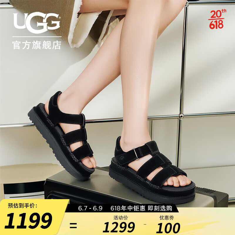 UGG2023夏季新款女士凉鞋魔术贴沙滩鞋平底舒适休闲罗马凉鞋1137890 BLK | 黑色 38