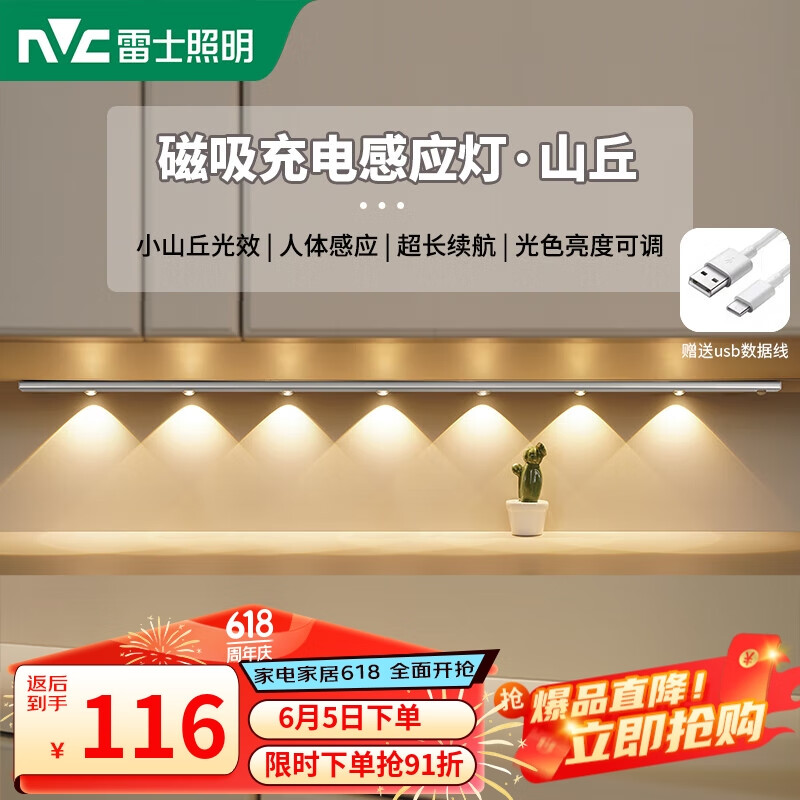 雷士（NVC）波纹猫眼感应橱柜磁吸玄关投影灯充电氛围小夜灯鞋衣电视柜-银色D