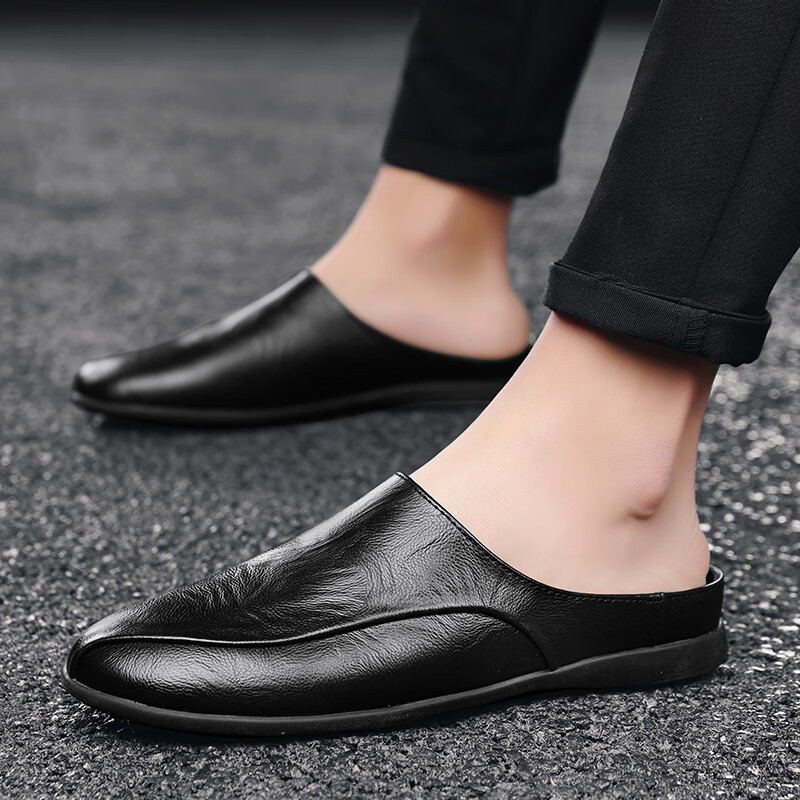 馨兰芙曼半拖鞋男皮鞋真皮包头半拖皮鞋男新款夏季皮拖鞋子男透气无