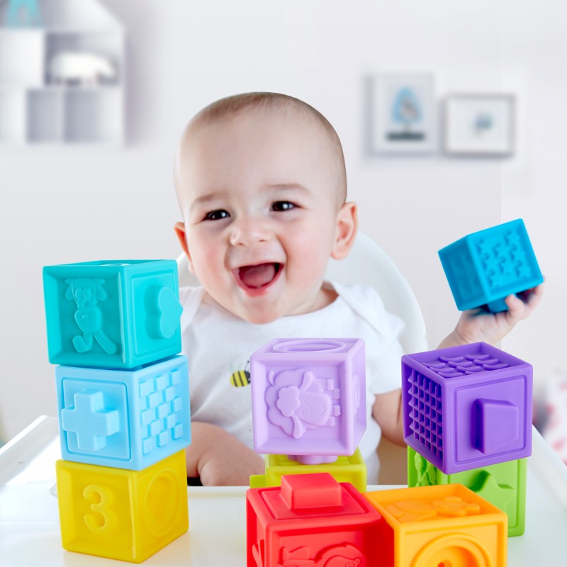 hape婴儿捏捏乐 安抚儿童玩具软胶浮雕早教积木 男孩女孩6月-2岁