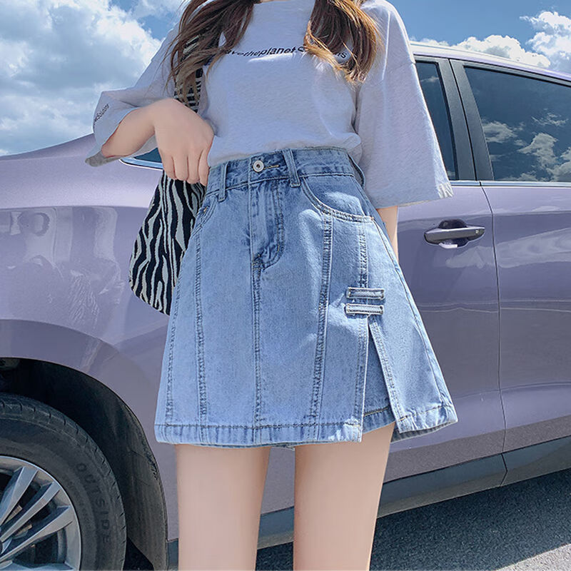 丰课(fengke)大臀围包臀牛仔短牛仔裤女夏季高腰显瘦开叉短 1733:蓝色