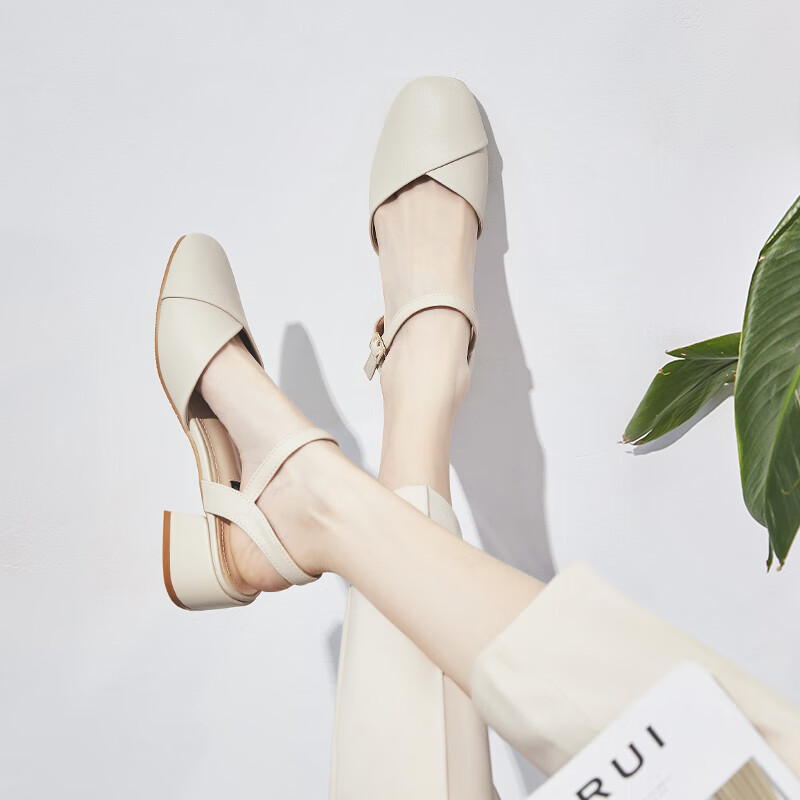 凉鞋女2024年夏季新款中粗跟仙女风百搭配裙单鞋女高跟鞋子 米白色 34