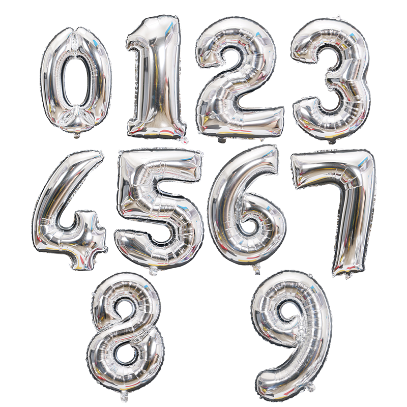 盛世泰堡 数字气球 生日装饰男女孩周年纪念日后备箱惊喜加厚铝膜布置装饰派对 银色10个装+气筒100021259895