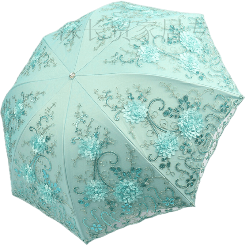 歐若拉（OURUOLA）刺繡立體雙層公主雨傘蕾絲花邊太陽傘防曬女士黑膠遮陽傘 刺繡立體雙層  綠色 8骨