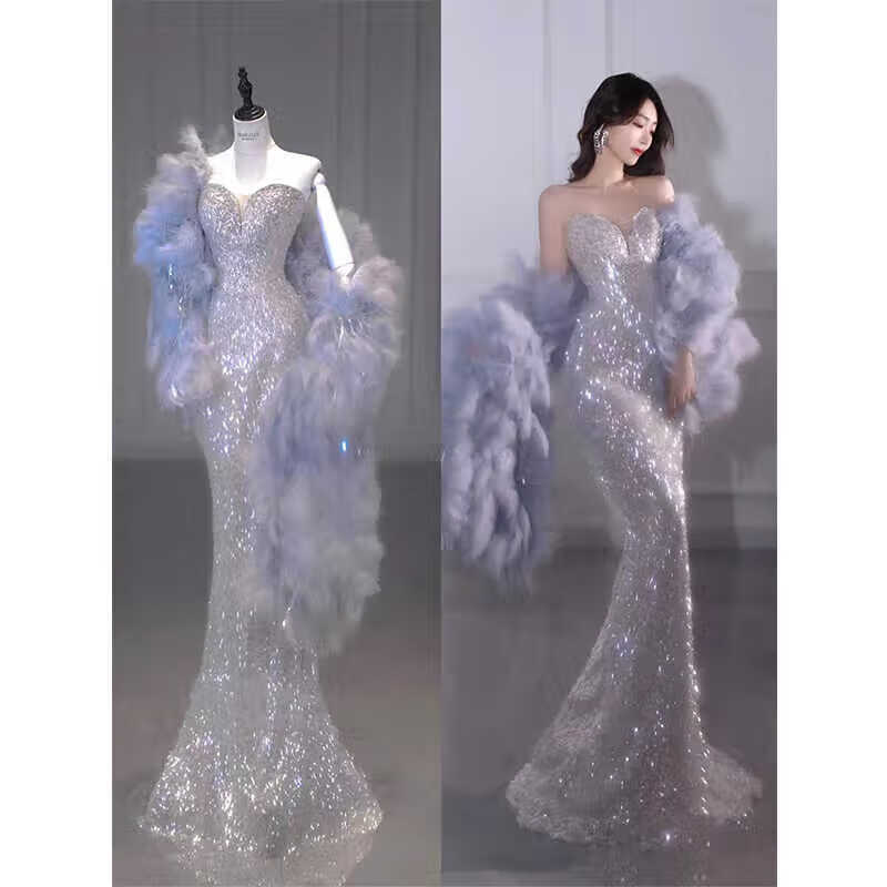 劉潮布晚宴禮服魚尾星光爆閃敬酒服新娘訂婚晚高端輕奢小眾女名媛千金宴 禮服+披肩 M
