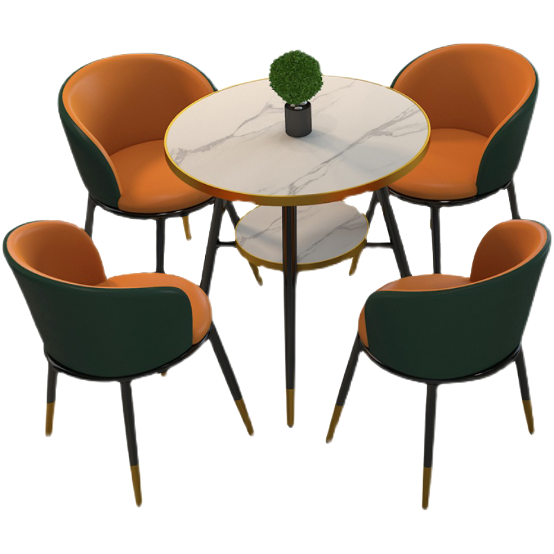 轻奢仿岩板洽谈桌椅组合4s店谈判桌售楼处店铺接待桌奶茶店餐桌椅小户型阳台休闲现代小圆桌 黄绒布2椅配60桌