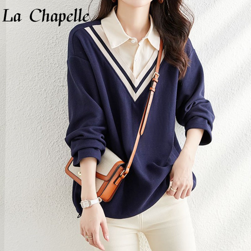 la chapelle卫衣女2023新款春秋季假两件休闲显瘦百搭拼接减龄衬衫领