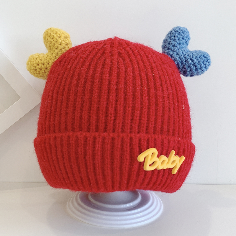 贝迪牛婴儿帽子可爱男女宝宝秋冬季针织帽幼儿保暖加厚毛线帽小孩护耳帽 双心-红色 参考年龄:6-36个月 48-52cm