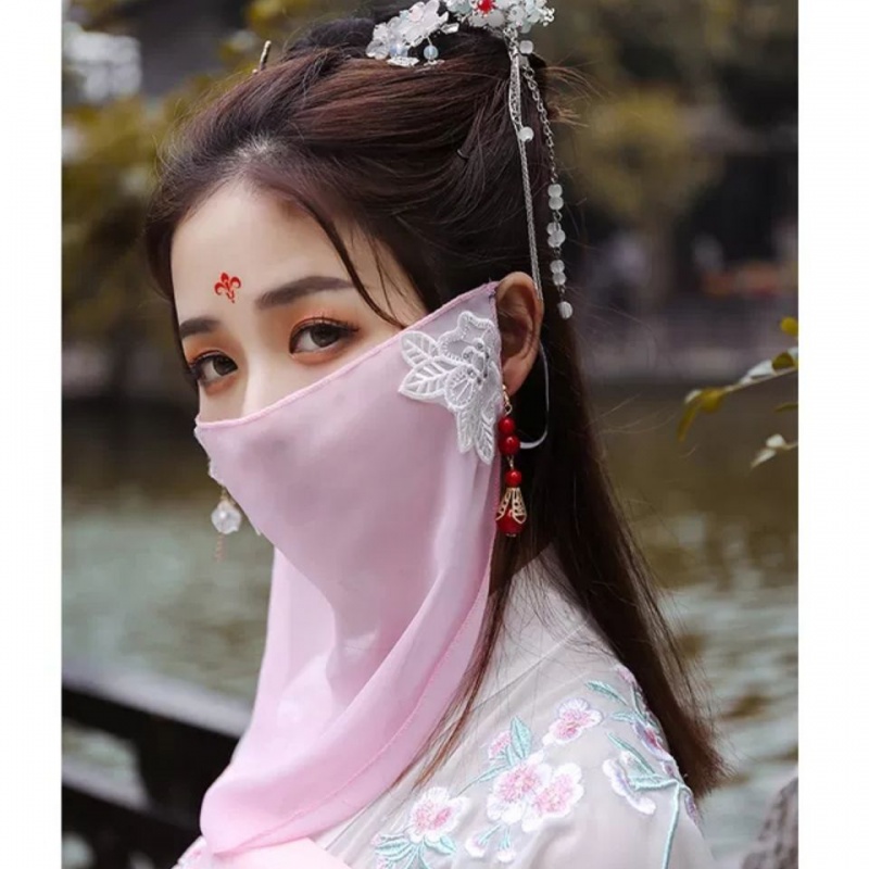 新品面纱古风刺绣花面纱复古代汉服遮脸挂耳超仙古装汉服蒙面纱巾